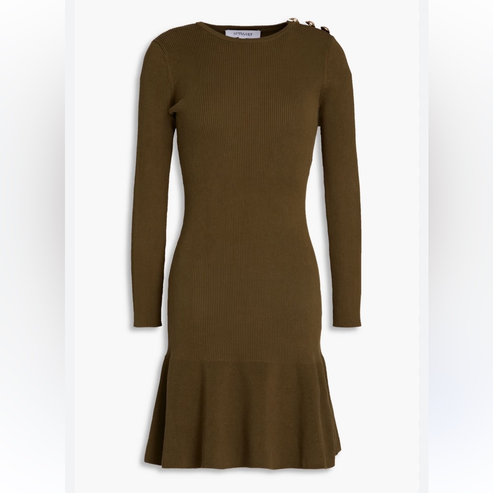 DEREK LAM 10 CROSBY Vanessa Ribbed Knit Flounce Dress In Olive Size Medium
